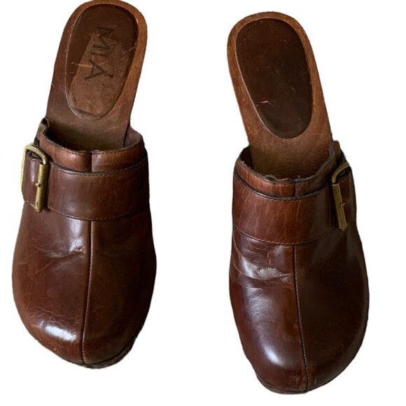 MIA Chunky Leather Studded Clog Mule Wood Heel Sz 8M 265B - Picture 3 of 8